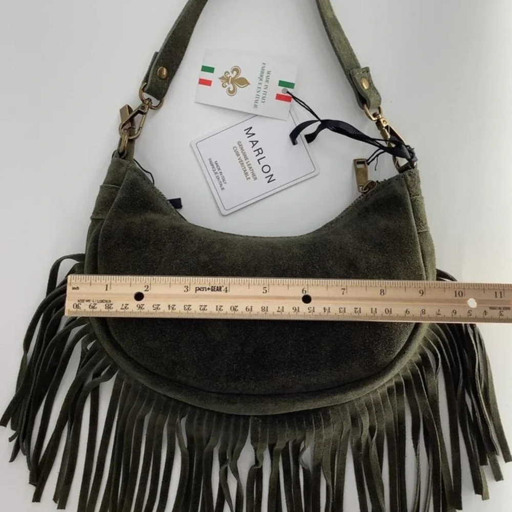 Marlon Firenze Olive Green Genuine Suede Fringe Hobo Shoulder Bag Italy NEW